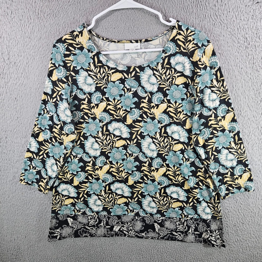 J.Jill Womens Floral 3/4 Sleeve Knit Top Black Blue Yellow Cotton Modal‎ Size M